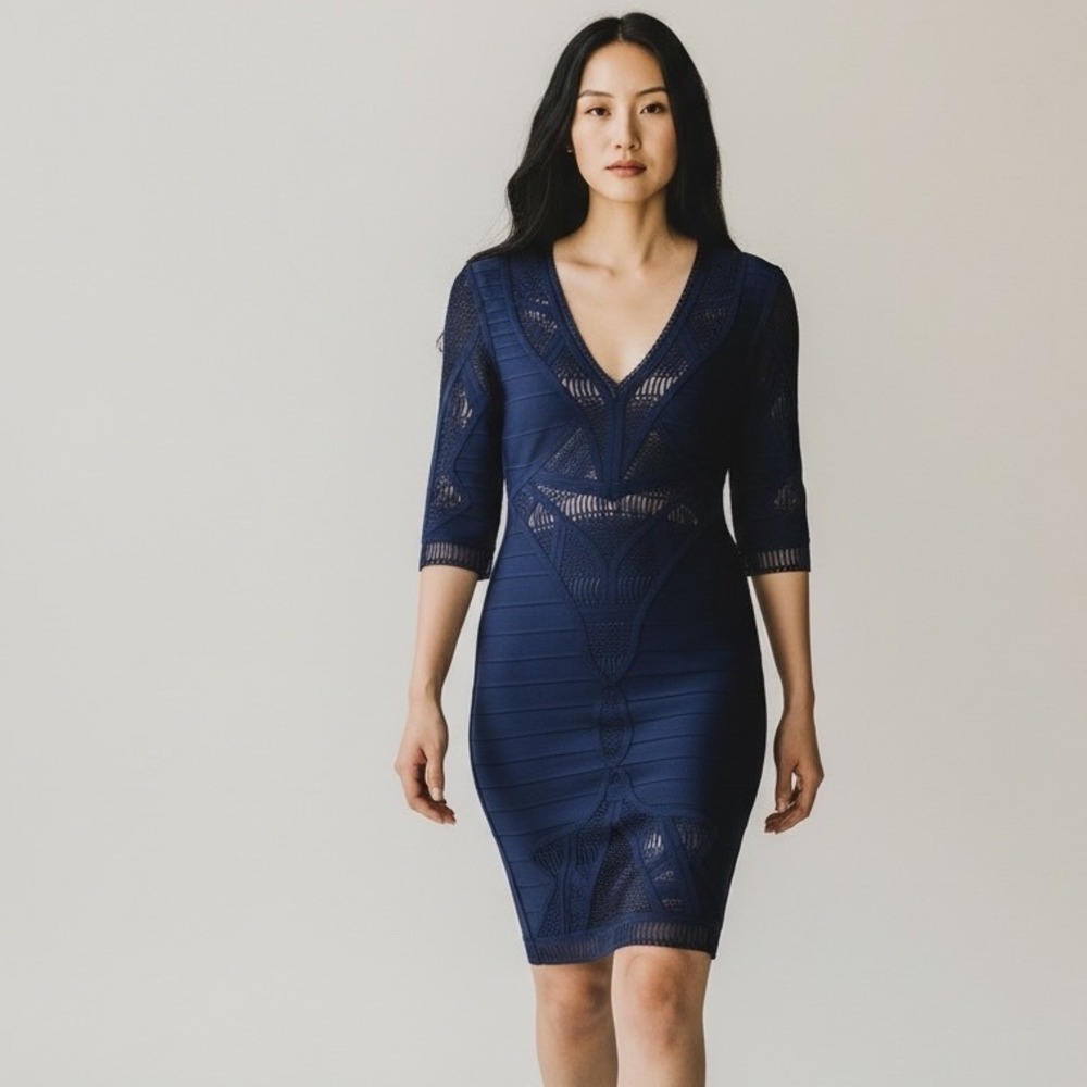 Herve Leger Dania Bandage Stretch Peekaboo Dress in Carbon Navy LEGERBABE Size M